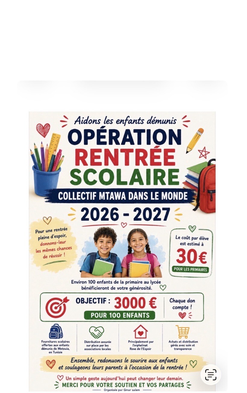 Rentrée scolaire familles démunies Metouia 2026-2027